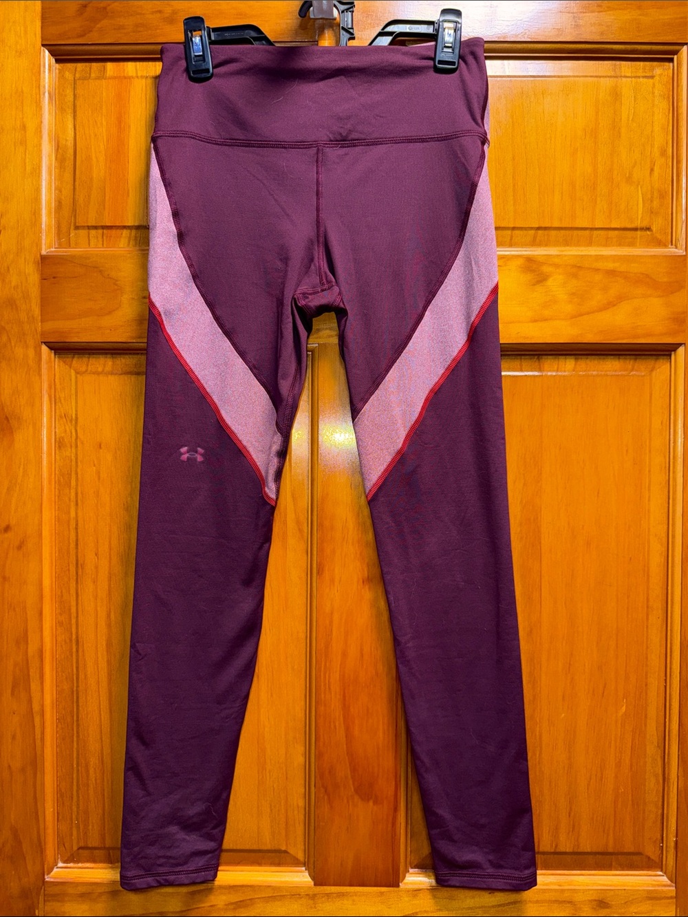 Under Armour Burgundy Leggings with Pink Panels and Red Trim